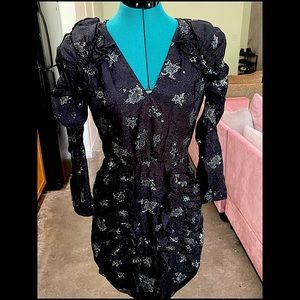 Rebecca Taylor Long Sleeve Black Silk Jacquard Glitter Dress